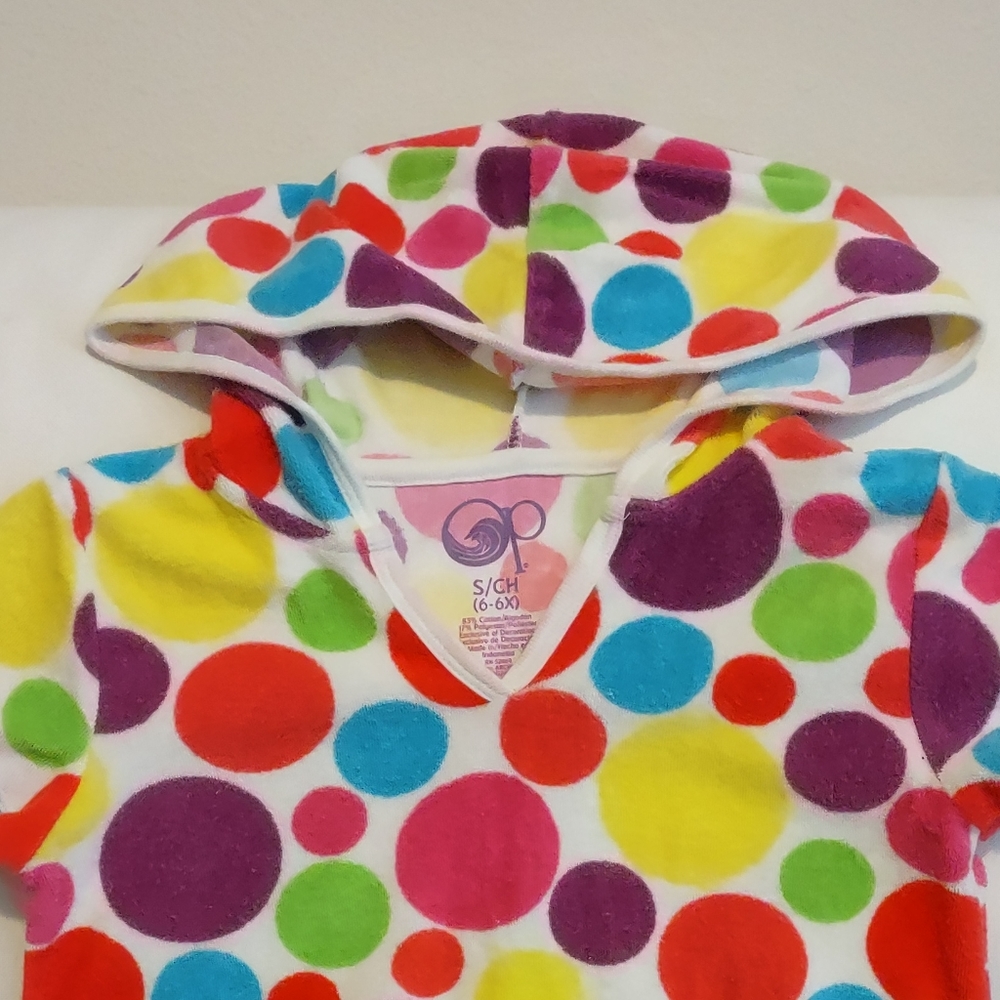 Girls OP terry cloth swim cover up multicolor with hood size 6-6X bubbles dots - Picture 2 of 2